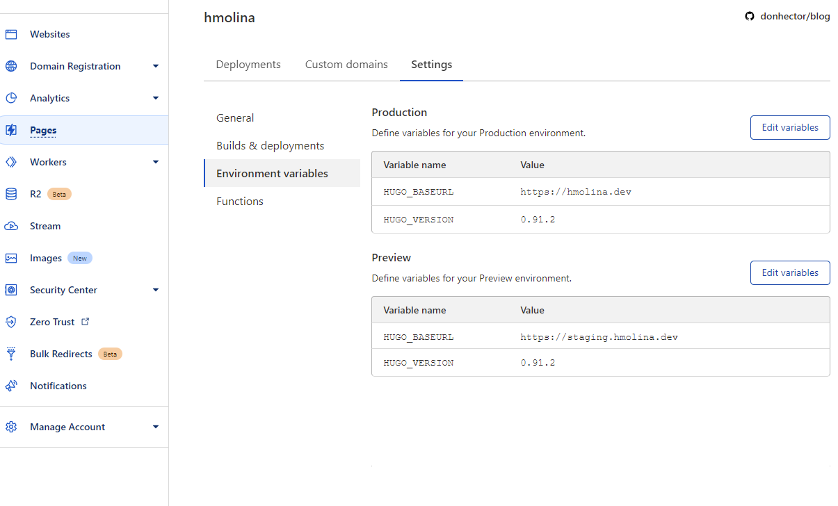 Pages Environment Variables